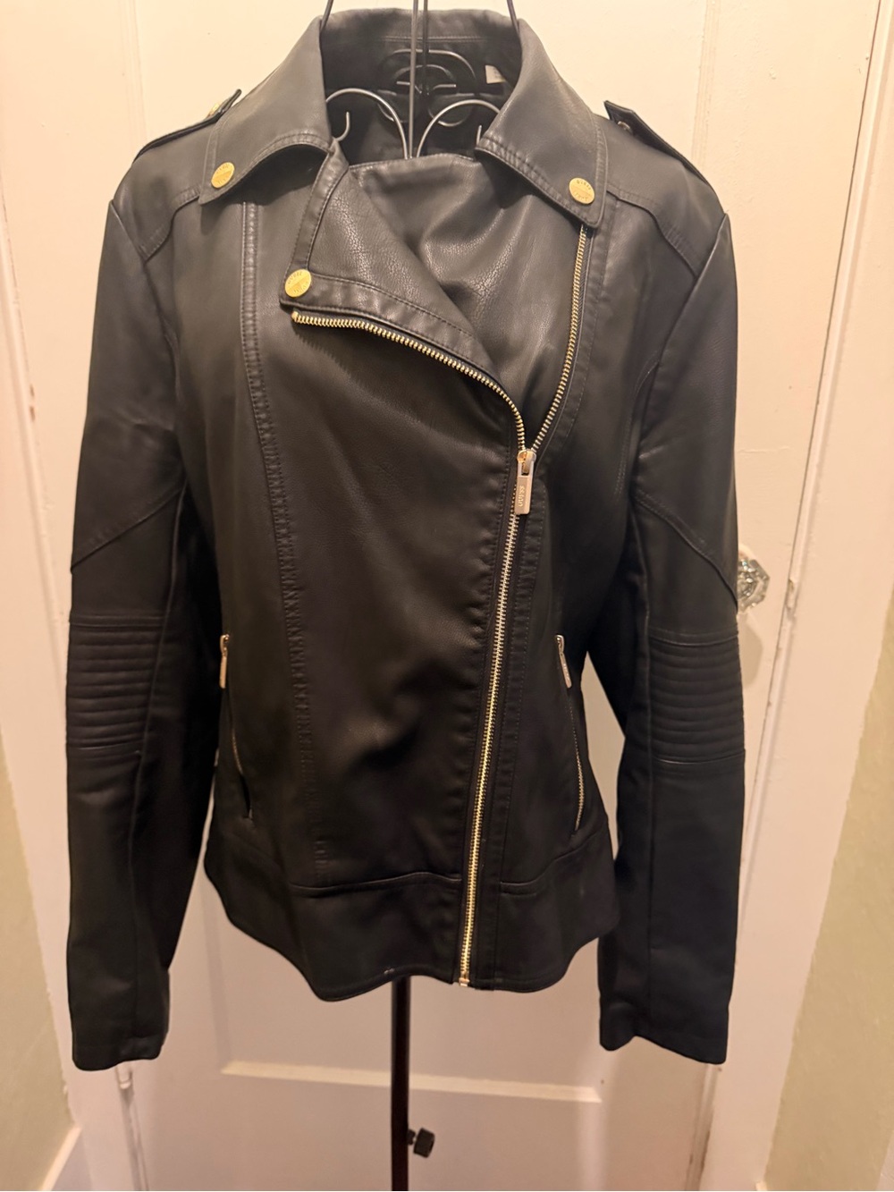 Guess Black Leather Moto Jacket with Gold Hardware
